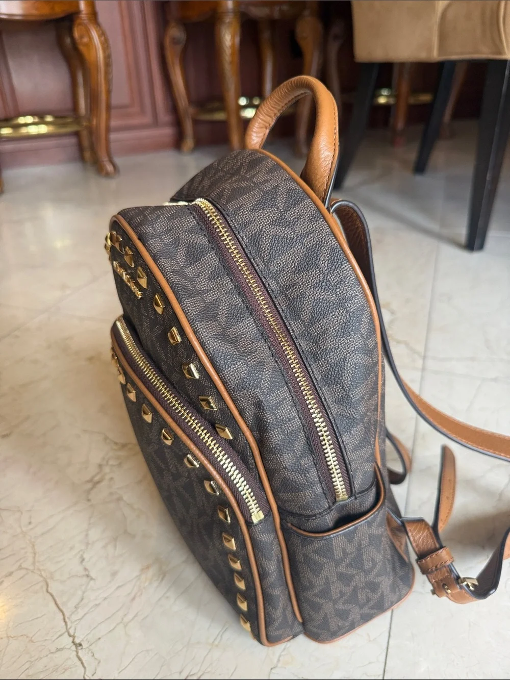 Michael Kors Brown MK Logo Backpack with Gold Studs PERFECT CONDITION